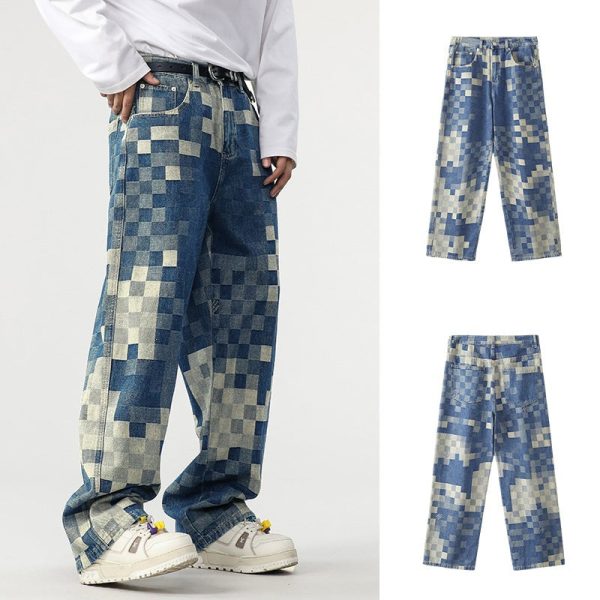 Checkerboard Wide-Leg Splicing Jeans For Discount - Image 2