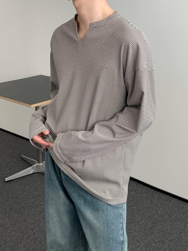 Notched Neck Striped Long Sleeve Shirt Online now - Image 4