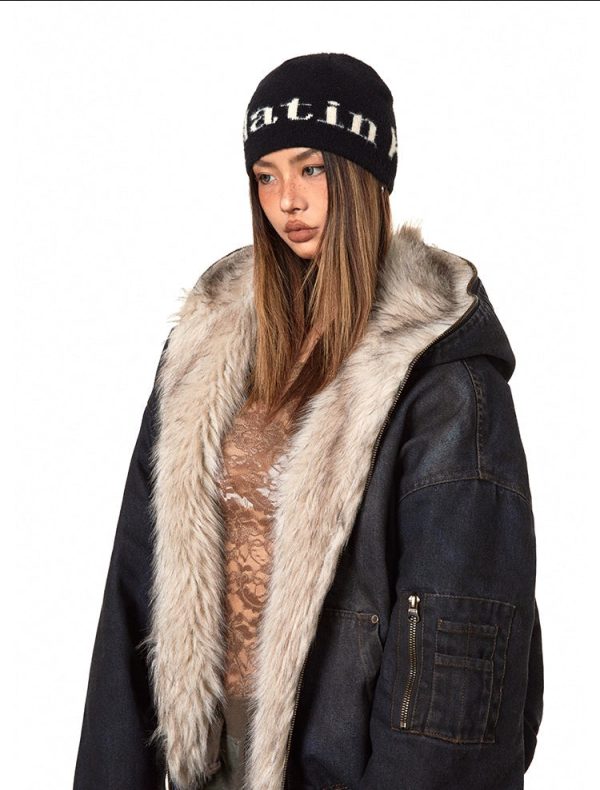 Heavy Washed Denim Fur-Lined Parka Fashion - Image 4