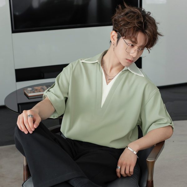 Lapel Rolled Sleeve T-shirt Online Hot Sale - Image 2