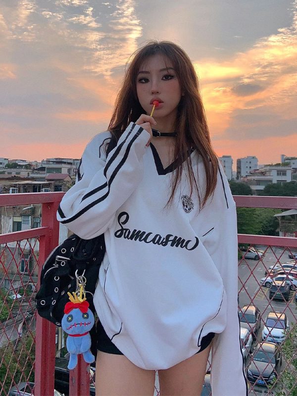 Striped V-Neck Oversized Long Sleeve Jersey Online now