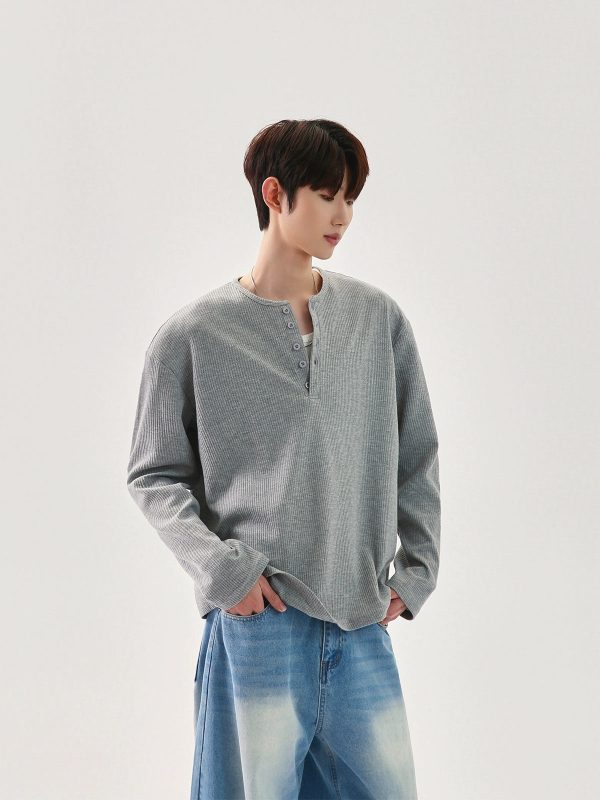 Waffle Knit Henry Collar Pullover Hot on Sale - Image 3
