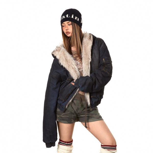 Heavy Washed Denim Fur-Lined Parka Fashion