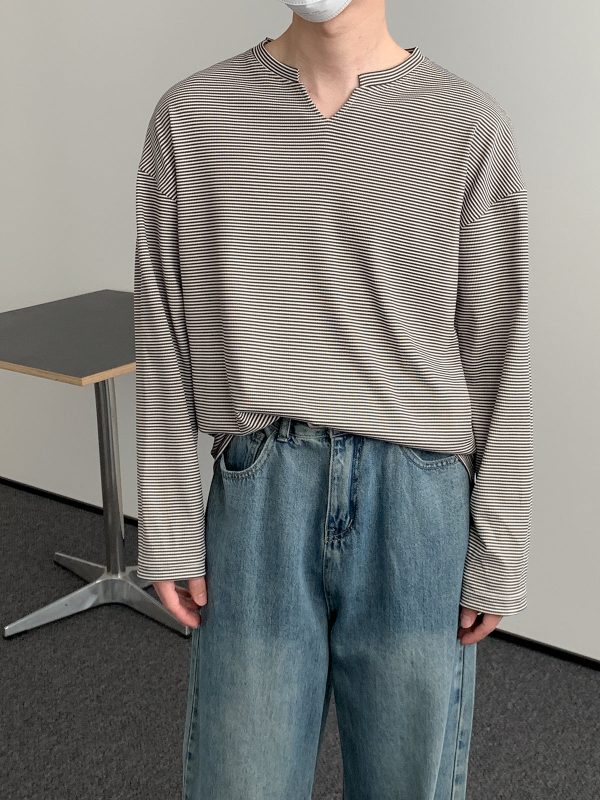 Notched Neck Striped Long Sleeve Shirt Online now - Image 2