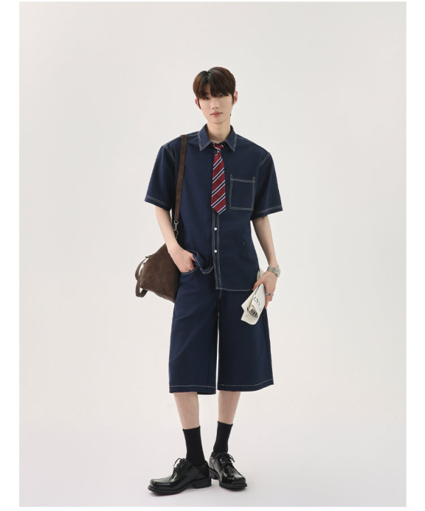 Blue Short-Sleeve Shirt and Pants Set For Cheap