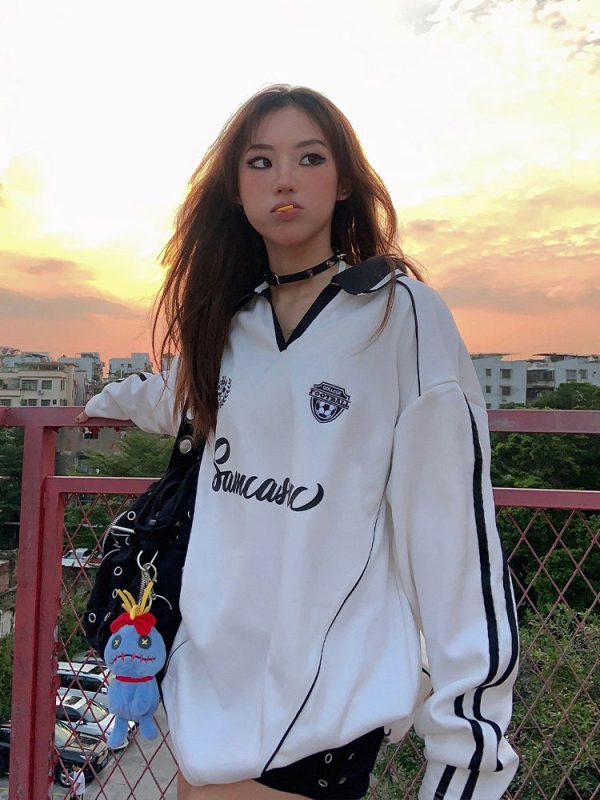 Striped V-Neck Oversized Long Sleeve Jersey Online now - Image 2
