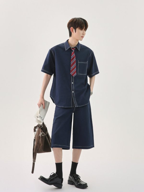 Blue Short-Sleeve Shirt and Pants Set For Cheap - Image 5