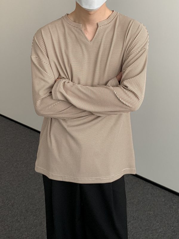 Notched Neck Striped Long Sleeve Shirt Online now