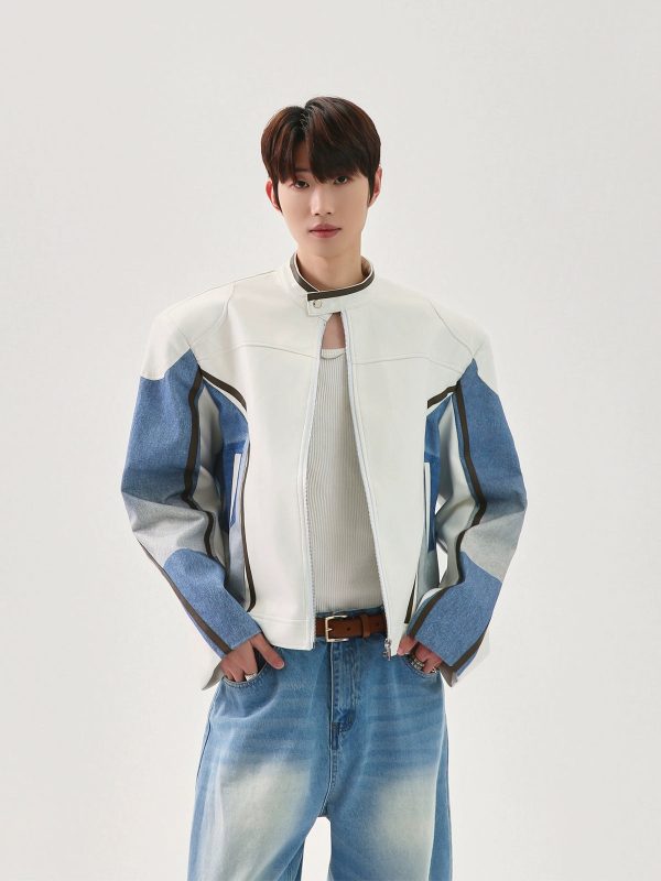 Denim Stitching PU Leather Jacket Cheap - Image 2