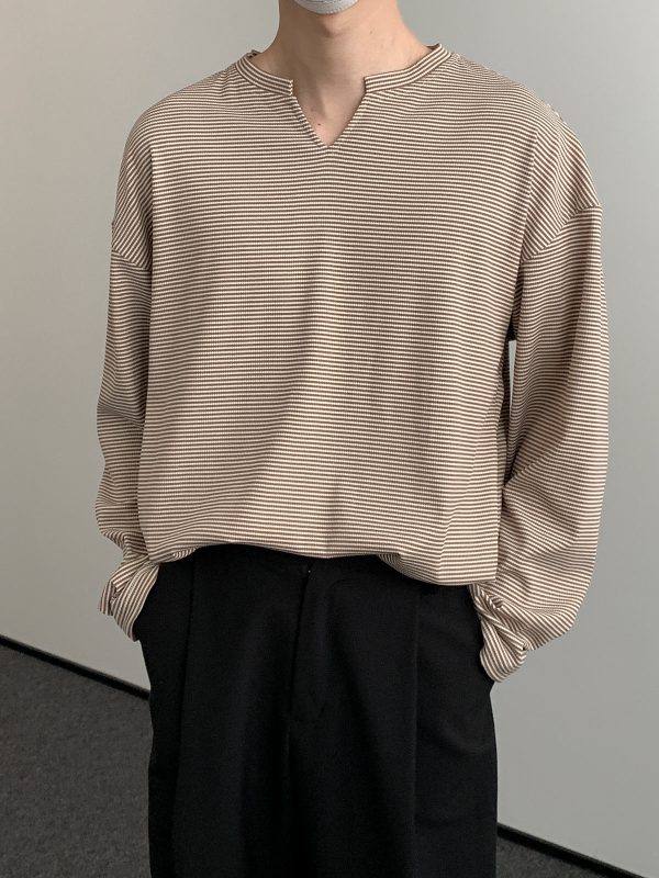 Notched Neck Striped Long Sleeve Shirt Online now - Image 3