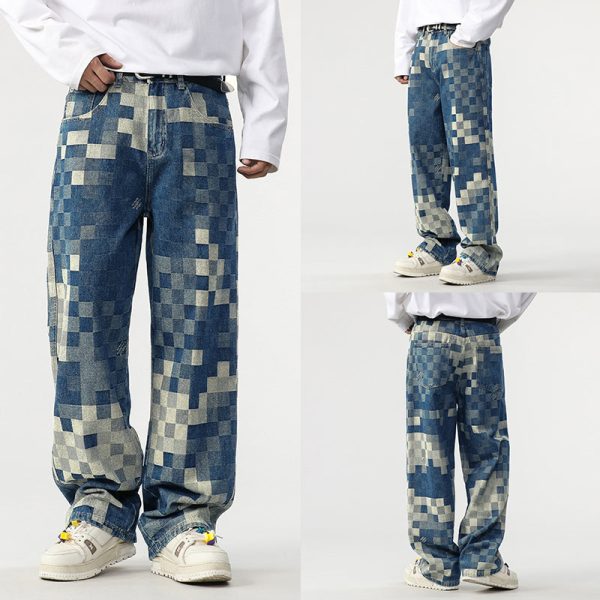 Checkerboard Wide-Leg Splicing Jeans For Discount