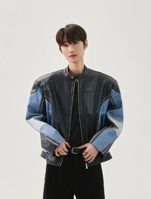 Denim Stitching PU Leather Jacket Cheap