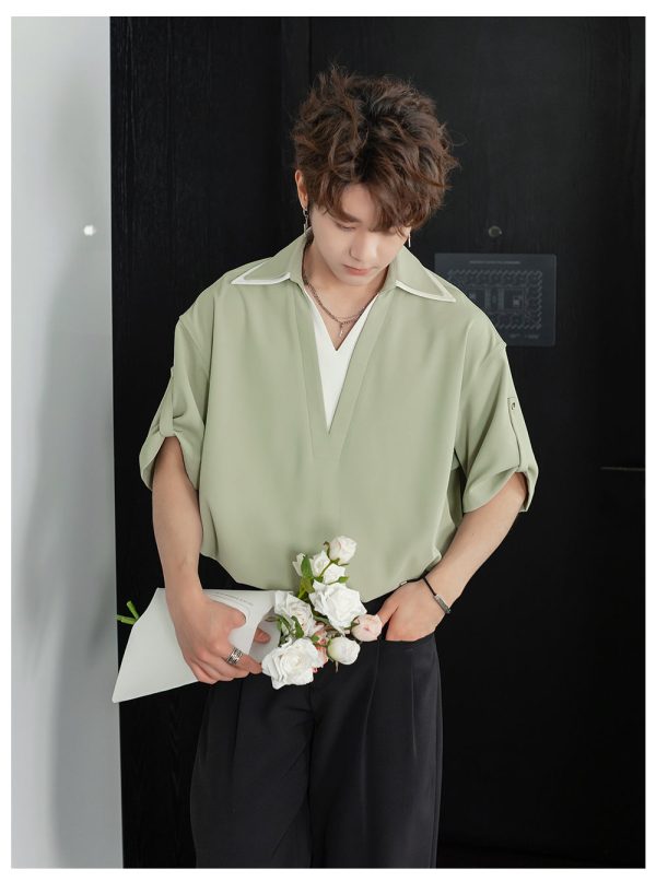 Lapel Rolled Sleeve T-shirt Online Hot Sale - Image 5