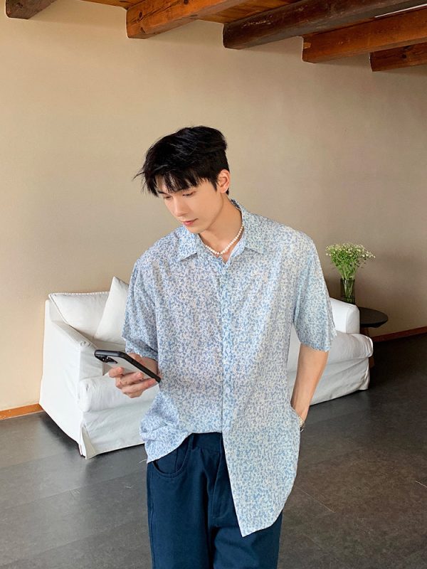 Blue Short-Sleeve Floral Shirt For Sale - Image 2