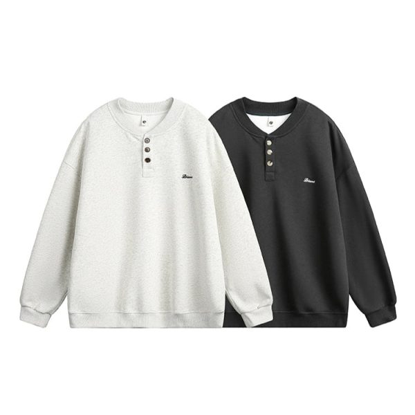 Embroidery Henley Collar Sweatshirt For Sale - Image 3