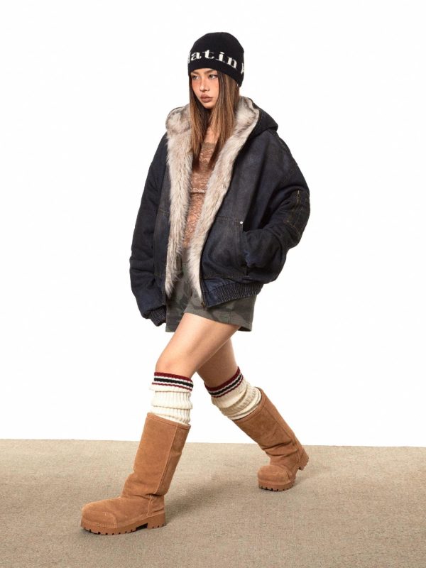 Heavy Washed Denim Fur-Lined Parka Fashion - Image 5