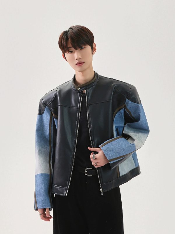 Denim Stitching PU Leather Jacket Cheap - Image 5