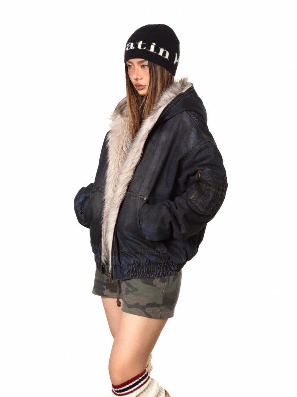 Heavy Washed Denim Fur-Lined Parka Fashion - Image 2