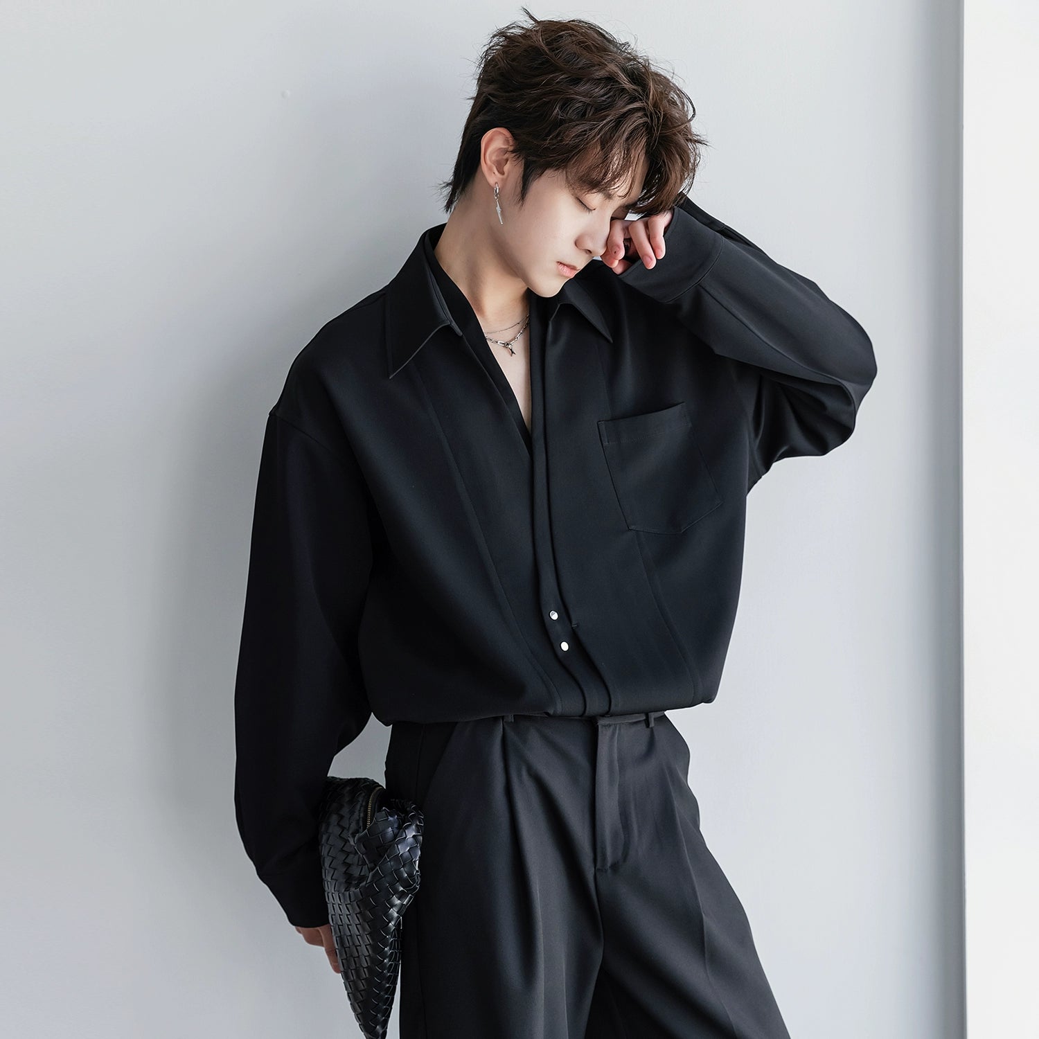 Slanted Placket Long-Sleeve Shirt on Sale