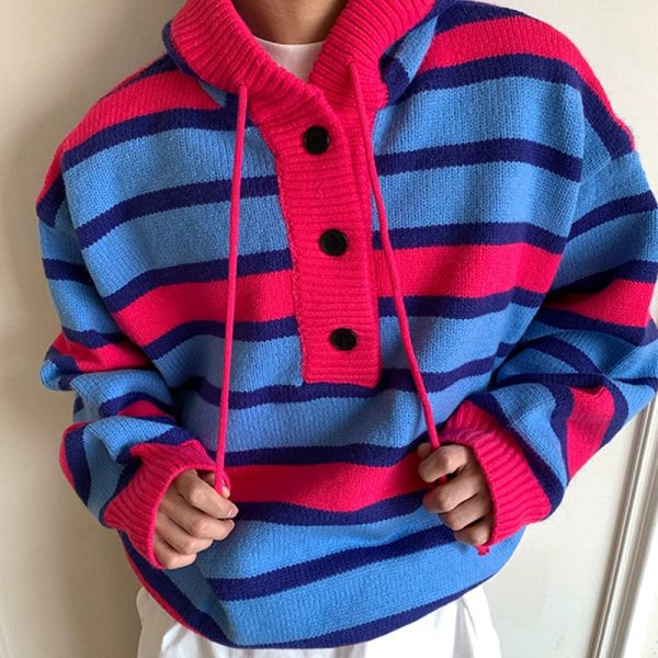 Hooded Striped Knit Pullover For Sale - Image 5
