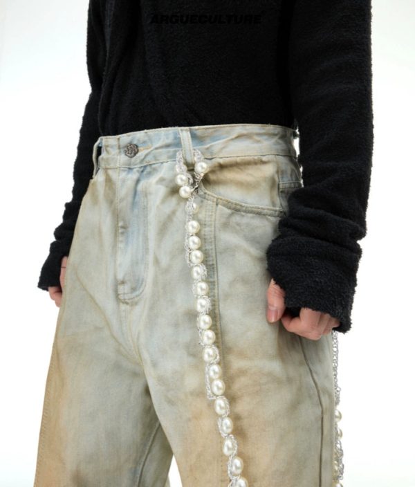 Wide Leg Jeans with Pearl Chain Fashion - Image 2
