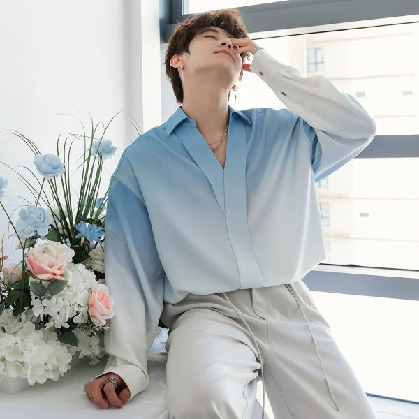 Gradient Color V-Neck Long-Sleeve Shirt Hot on Sale
