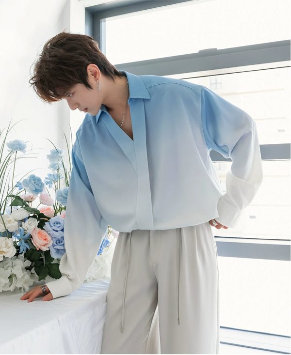 Gradient Color V-Neck Long-Sleeve Shirt Hot on Sale - Image 3