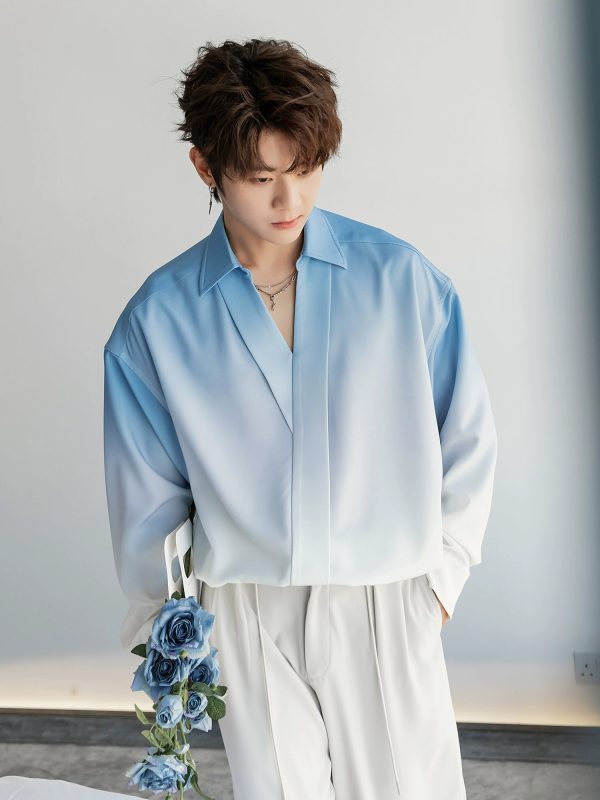 Gradient Color V-Neck Long-Sleeve Shirt Hot on Sale - Image 4