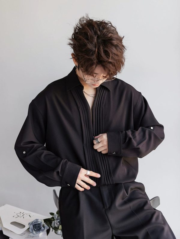 V-Neck Long-Sleeved Pleated Shirt Cheap - Image 5