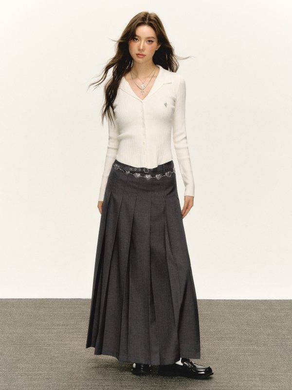 Pleated A-Line Skirt with Belt Fashion - Image 4