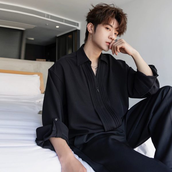 V-Neck Long-Sleeved Pleated Shirt Cheap - Image 2
