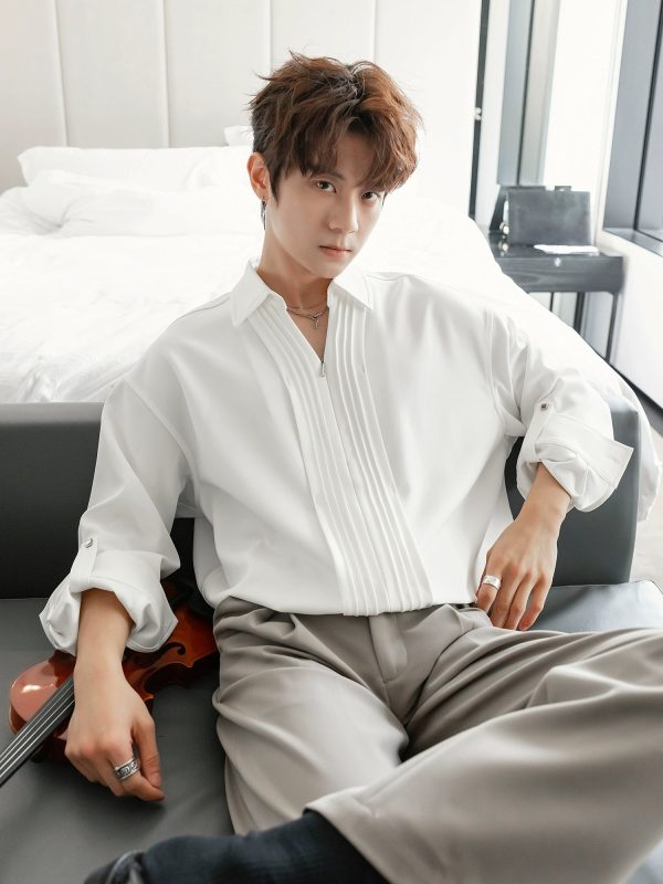 V-Neck Long-Sleeved Pleated Shirt Cheap - Image 4