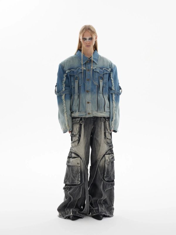 Raw Edge Gradient Washed Denim Jacket Sale - Image 4