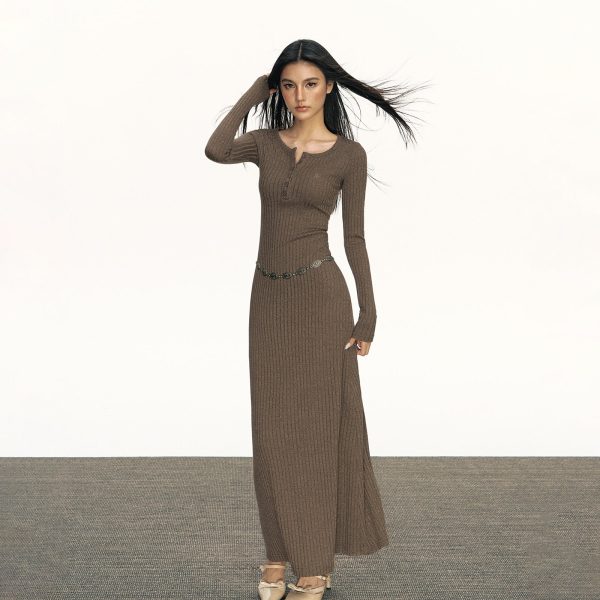 Long-Sleeve Ribbed Slim Fit Dress Fashion - Image 5